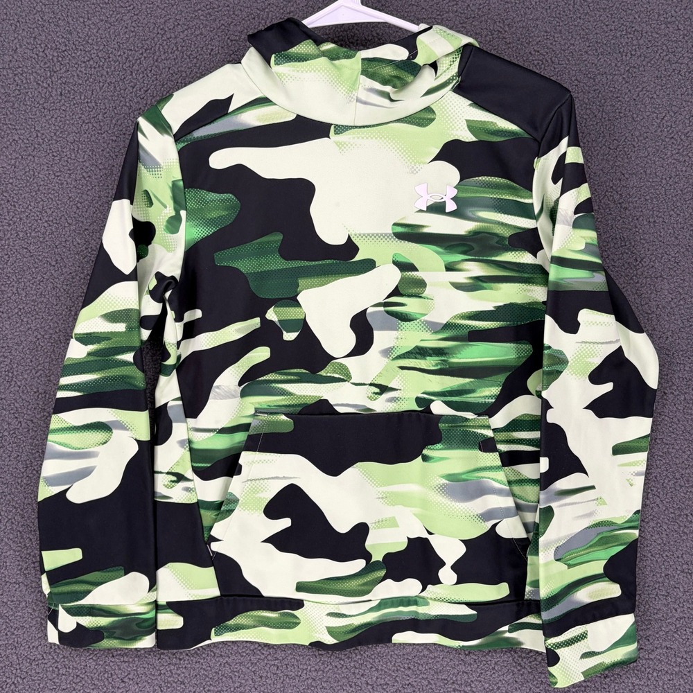 Under Armour Boys Green Camo Hoodie Pullover Sweatshirt YLG Large Pocket Active